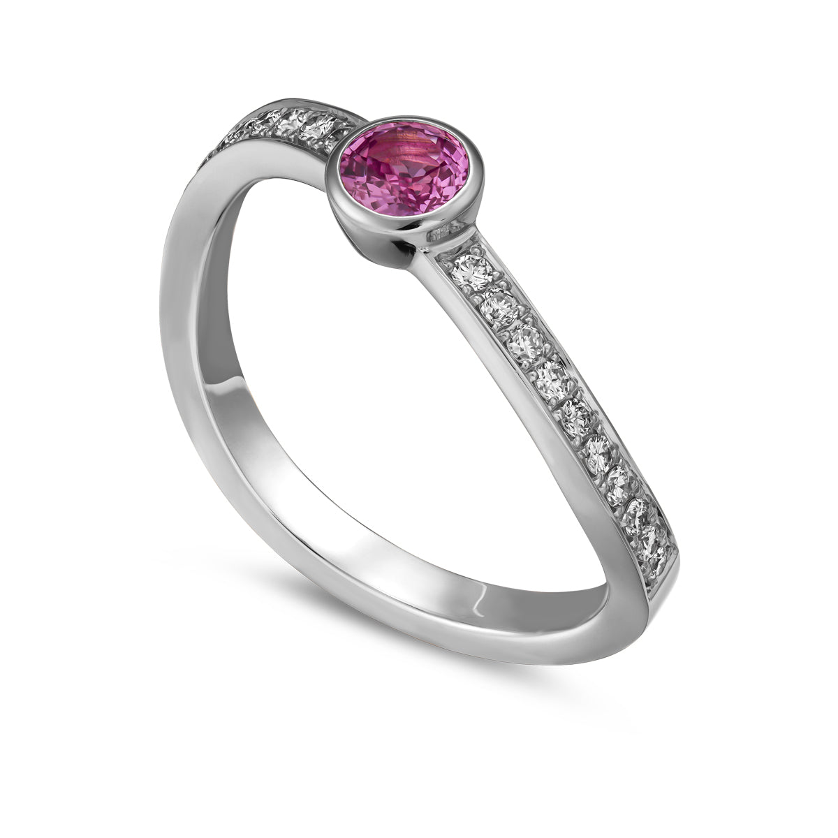 single Wavy Ring with a pink sapphire in the middle and diamonds set in pave , iconic design by carati jewelry in montreal canada in 18k 14k