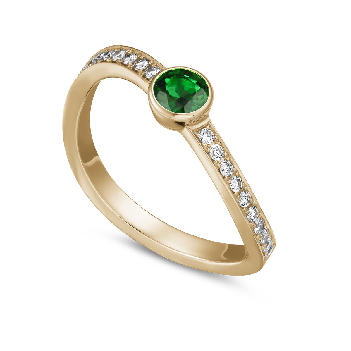 single Wavy Ring with a tsavorite in the middle and diamonds set in pave , iconic design by carati jewelry in montreal canada in 18k 14k