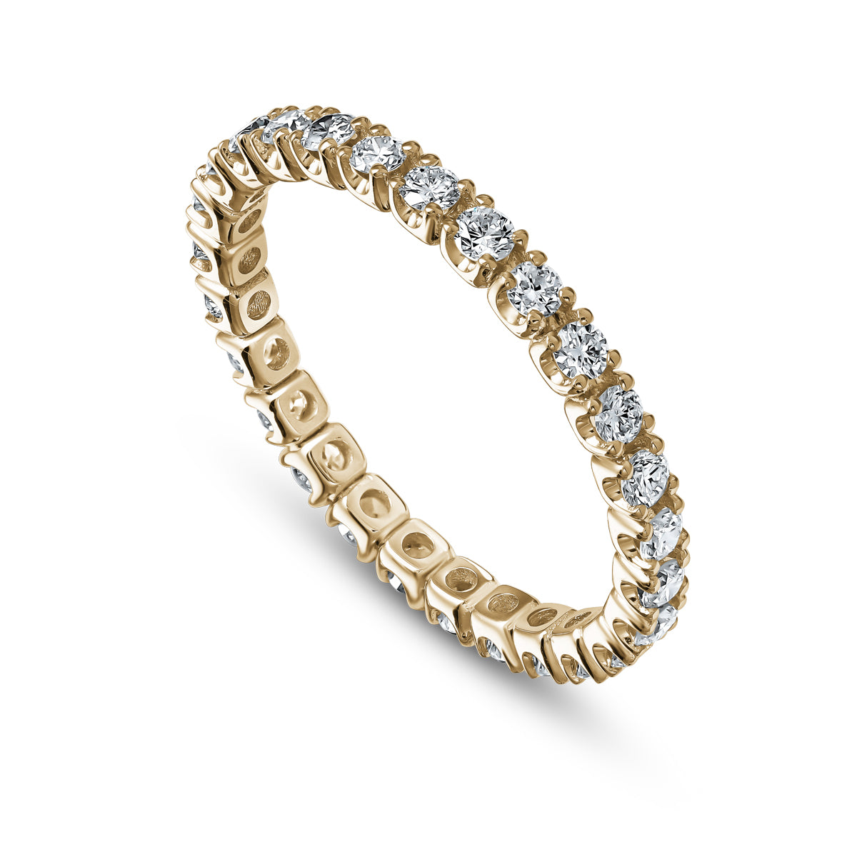 A gold engagement ring with multiple round diamonds set in a continuous band, known as a prongs setting 4 small slick design