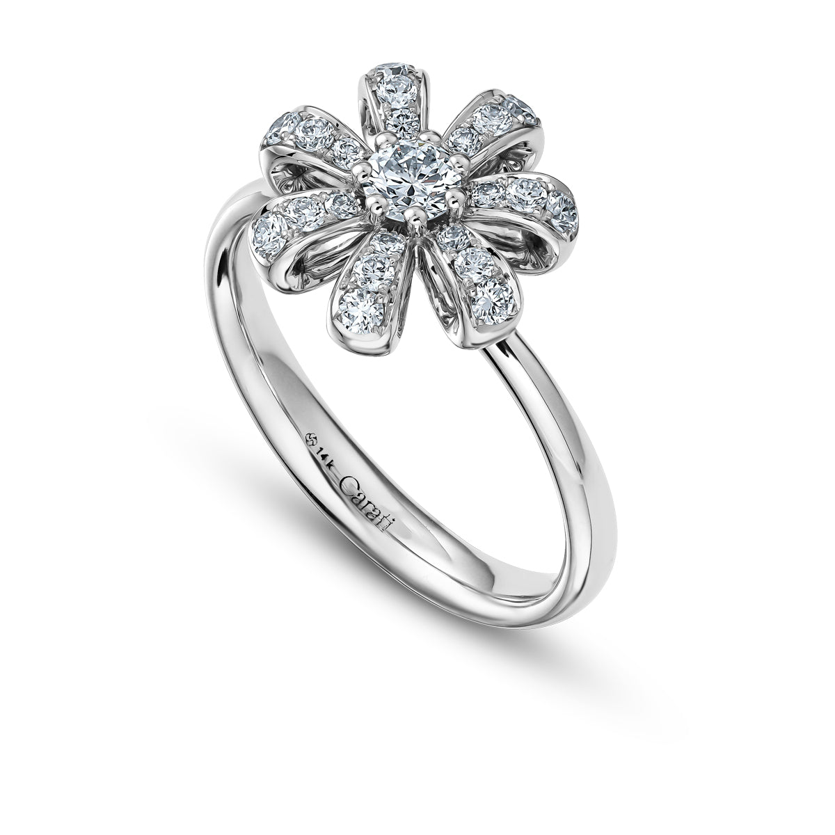 Fiora gold ring with a floral design, featuring a central diamond and smaller diamonds along the petals, set on a white background from carati jewelry 14 k 18 k monteal design jewelry new