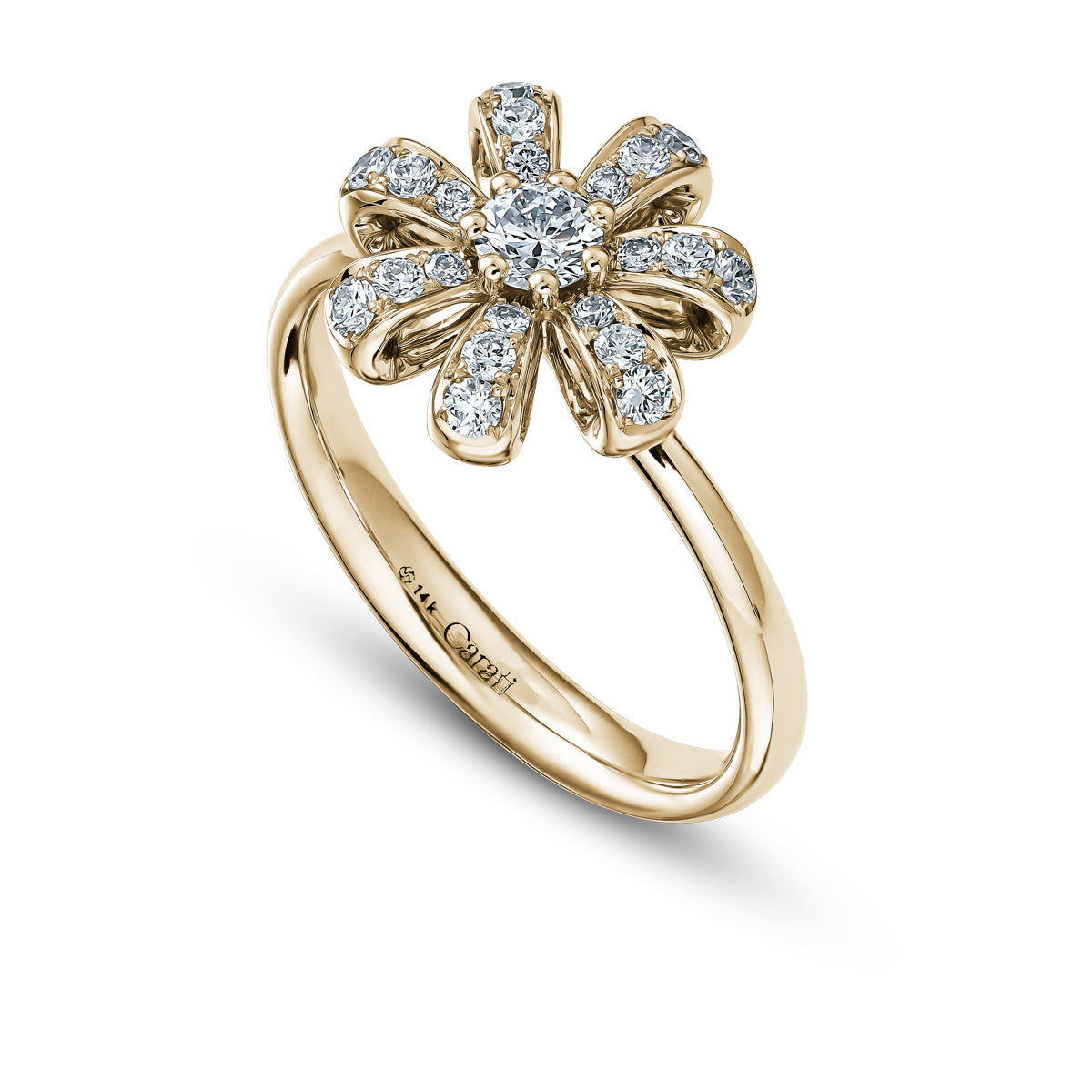 Fiora gold ring with a floral design, featuring a central diamond and smaller diamonds along the petals, set on a white background from carati jewelry 14 k 18 k monteal design jewelry new
