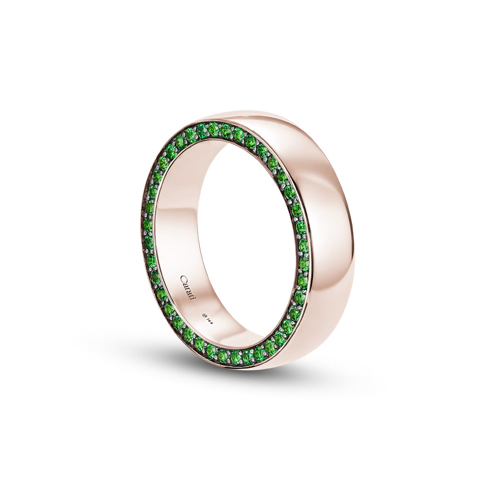 14 and 18 k wedding band in rose gold with pave set green tsavorites designed by carati jewelry montreal