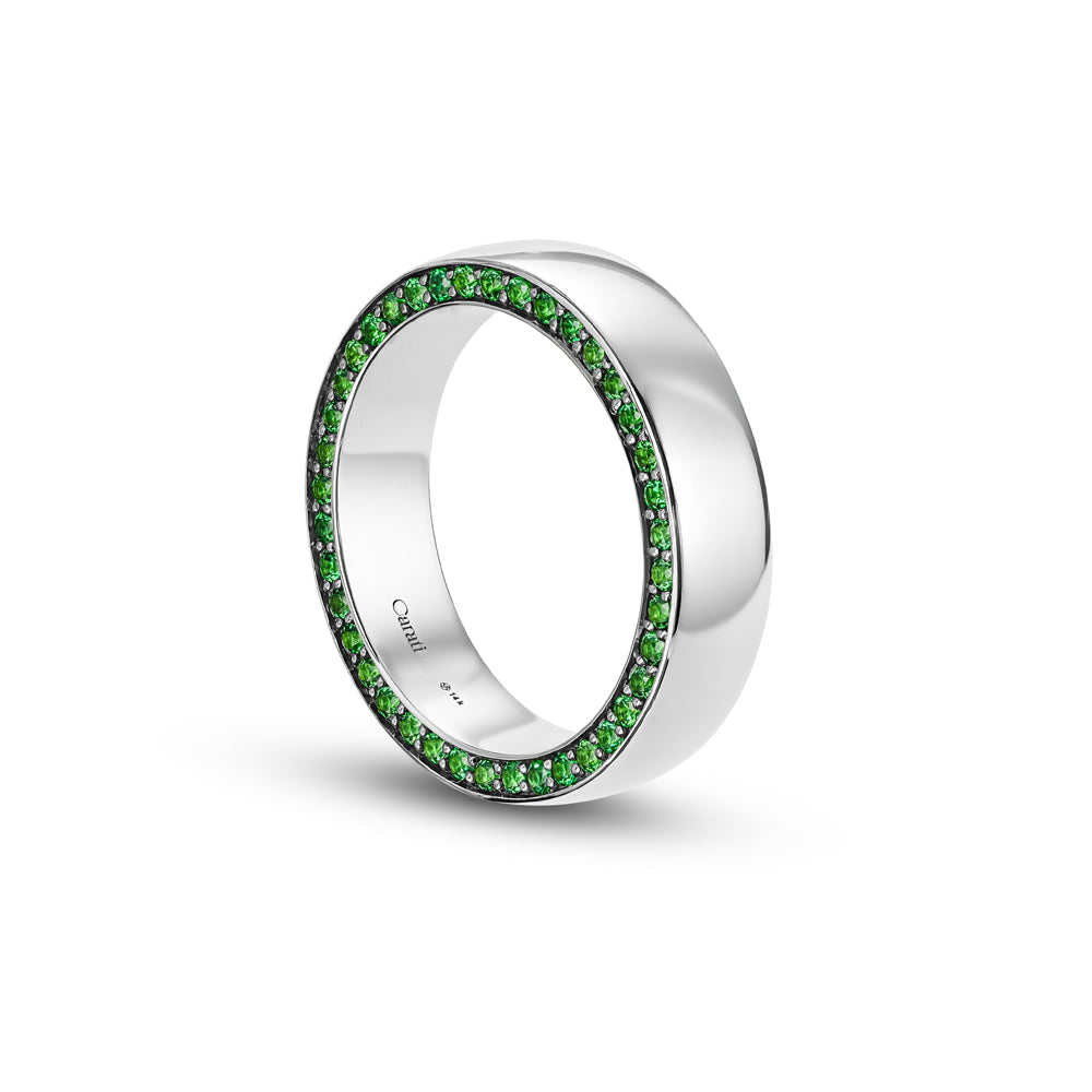 14 and 18 k wedding band n white gold with pave set green tsavorites designed by carati jewelry montreal