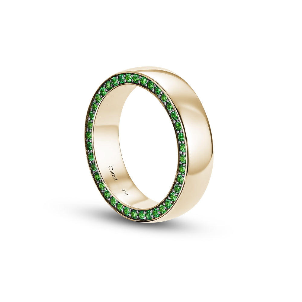 14 and 18 k wedding band in yellow gold with pave set green tsavorites designed by carati jewelry montreal