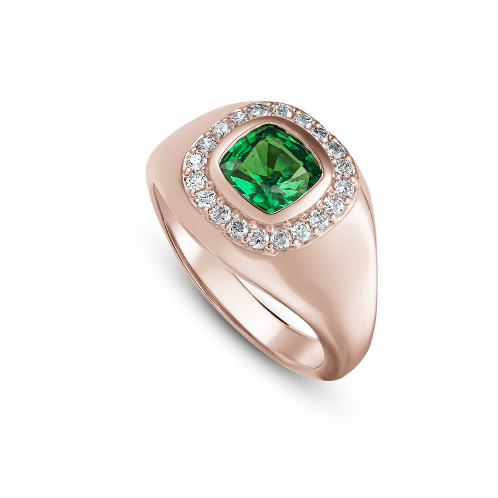 14k and 18 k pinky gold cushion tsavorite with diamond halo in pinky ring Carati Jewelry Montreal