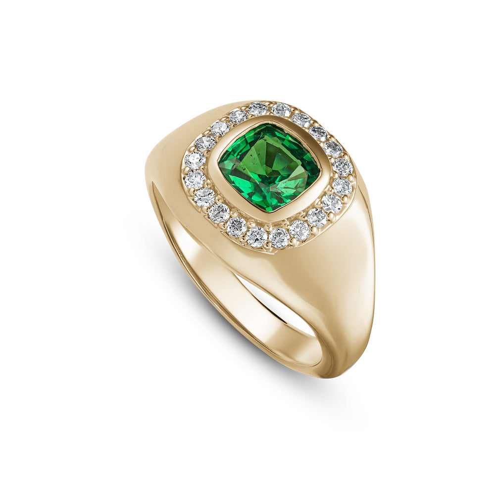 14k and 18 k yellow gold cushion tsavorite with diamond halo in pinky ring Carati Jewelry Montreal