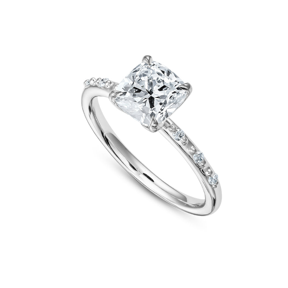 14 k white gold Cushion Engagement Ring Set In Petal Prongs With 6 Side Diamonds carati jewelry montreal