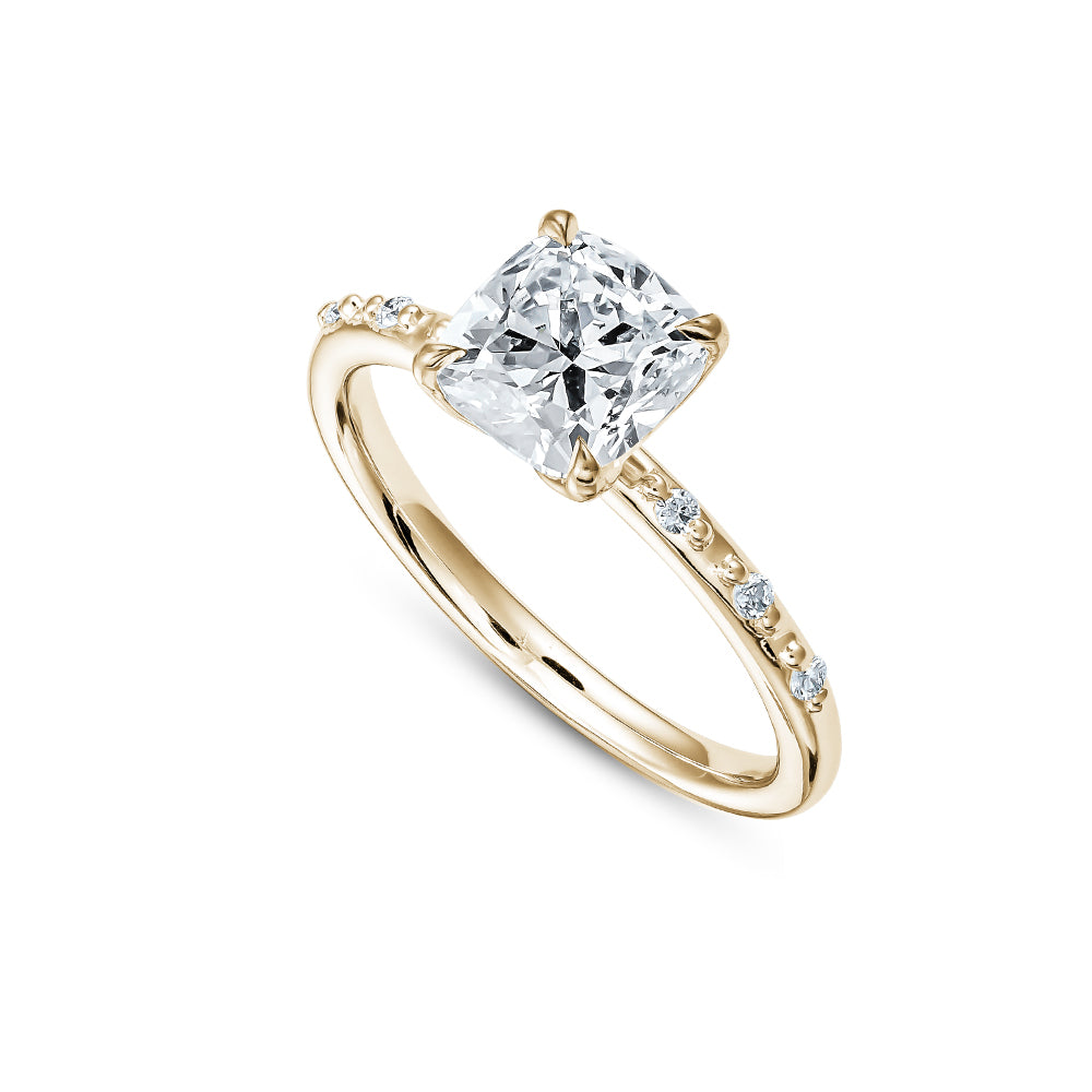 14 k yellow gold Cushion Engagement Ring Set In Petal Prongs With 6 Side Diamonds carati jewelry montreal