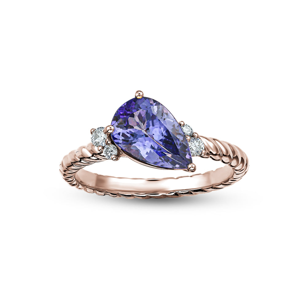 18K rose GOLD Pear Tanzanite Gem Set On Twisted Shank With Sparkling Diamonds Carati jewelry montreal