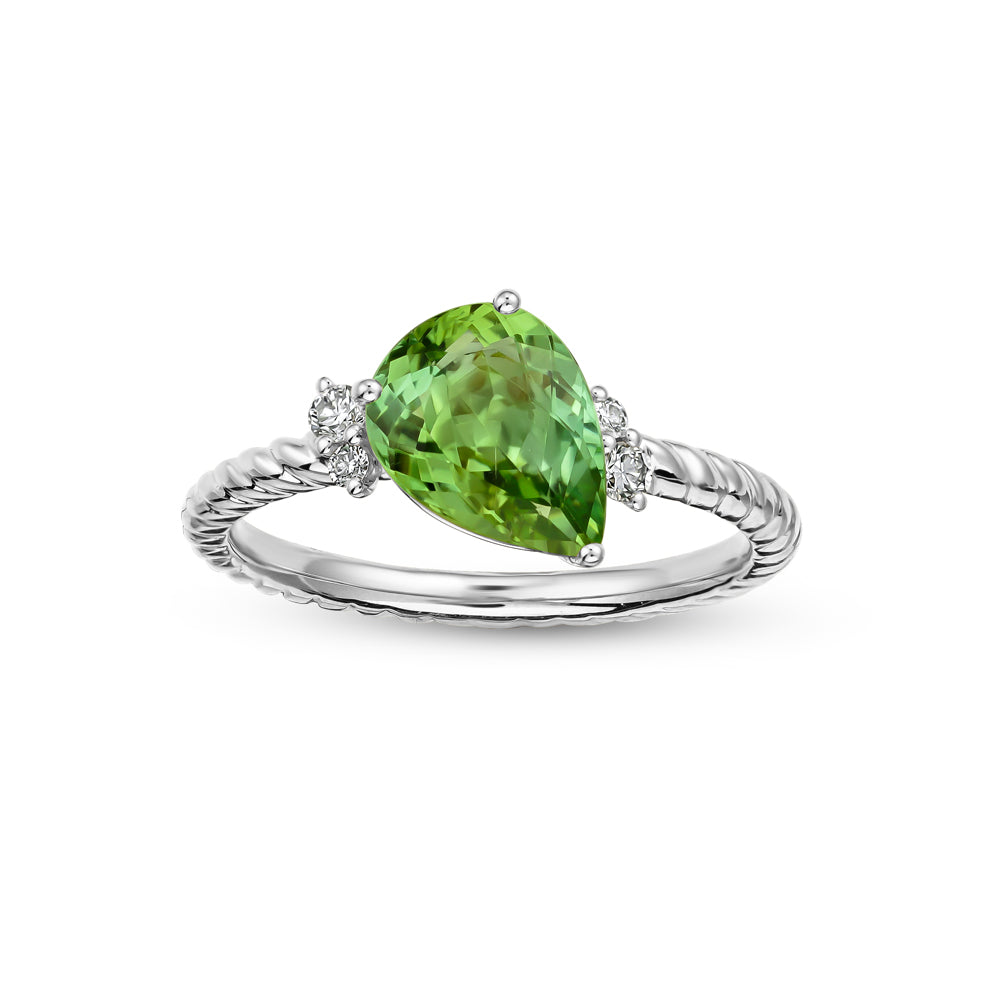 18k white gold on this green toumaline on twisted shank with diamonds Carati jewelry Canada