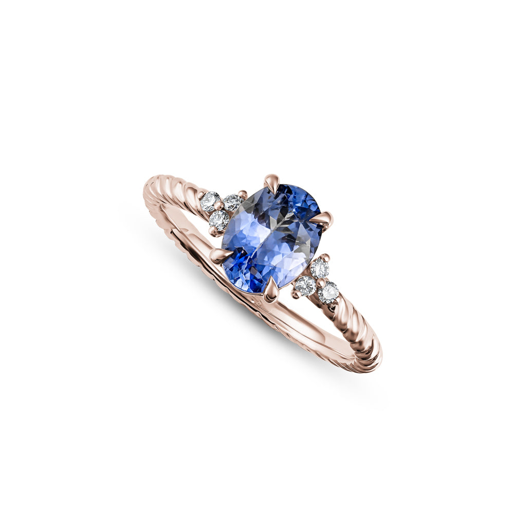 18K rose GOLD Oval Tanzanite Gem Set On Twisted Shank With 3 side Sparkling Diamonds Carati jewelry montreal