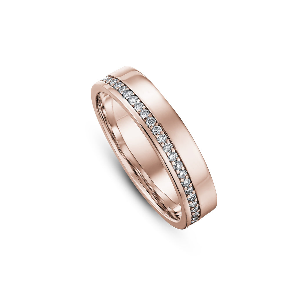 canadian made 14k rose gold Flat Wedding Ring With Side Groove Set All Around Diamonds carati jewelry montreal