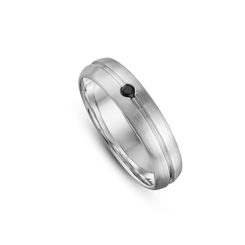 Canadian made 14k white gold Brushed Wedding Ring With Polished Groove Set In Black Diamond carati jewelry montreal