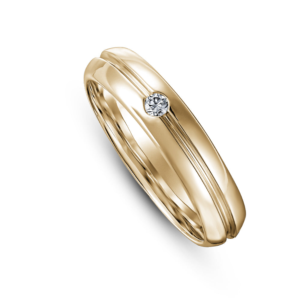 Canadian made 14k yellow gold Grooved Wedding Ring Set In Single Diamond Carati jewelry montreal