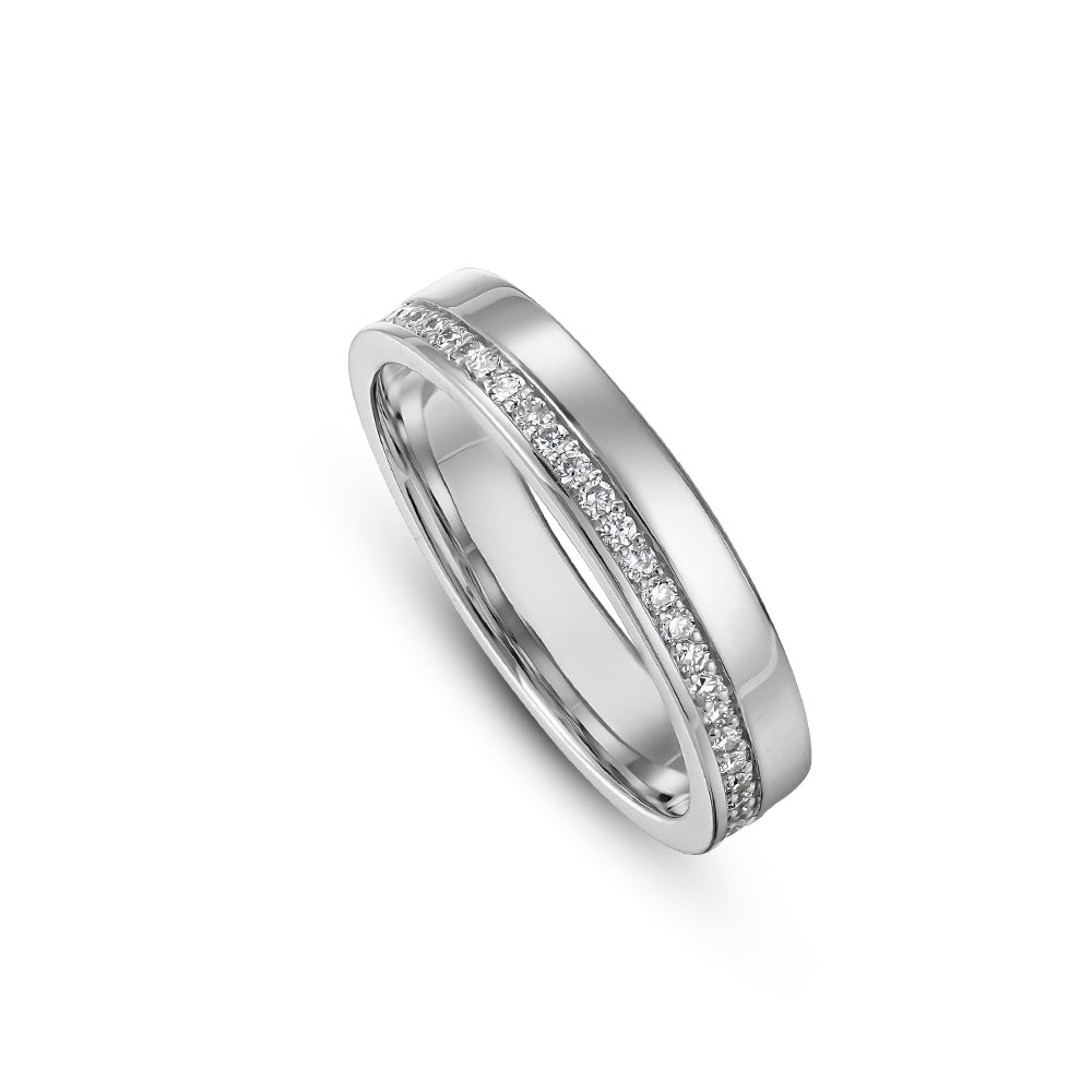 Canadian made 14 k white gold Flat Wedding Ring With Side Groove Set All Around Diamonds For Her carati jewelry