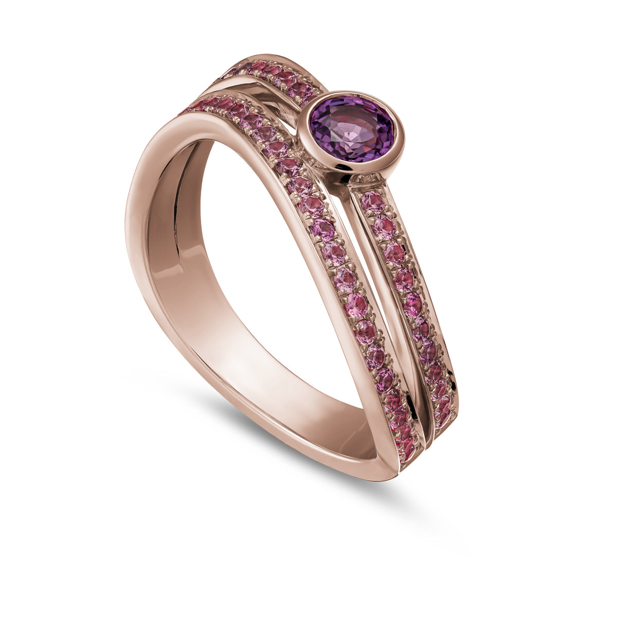 Double Wavy Ring with Purple Sapphire in the middle set in pave sapphires in an iconic design by carati jewelry in montreal canada in 18k 14k
