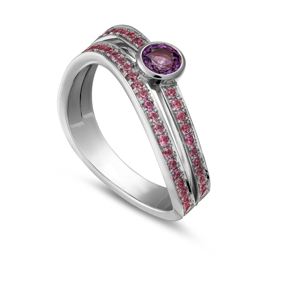 Double Wavy Ring with Purple Sapphire in the middle set in pave sapphires in an iconic design by carati jewelry in montreal canada in 18k 14k