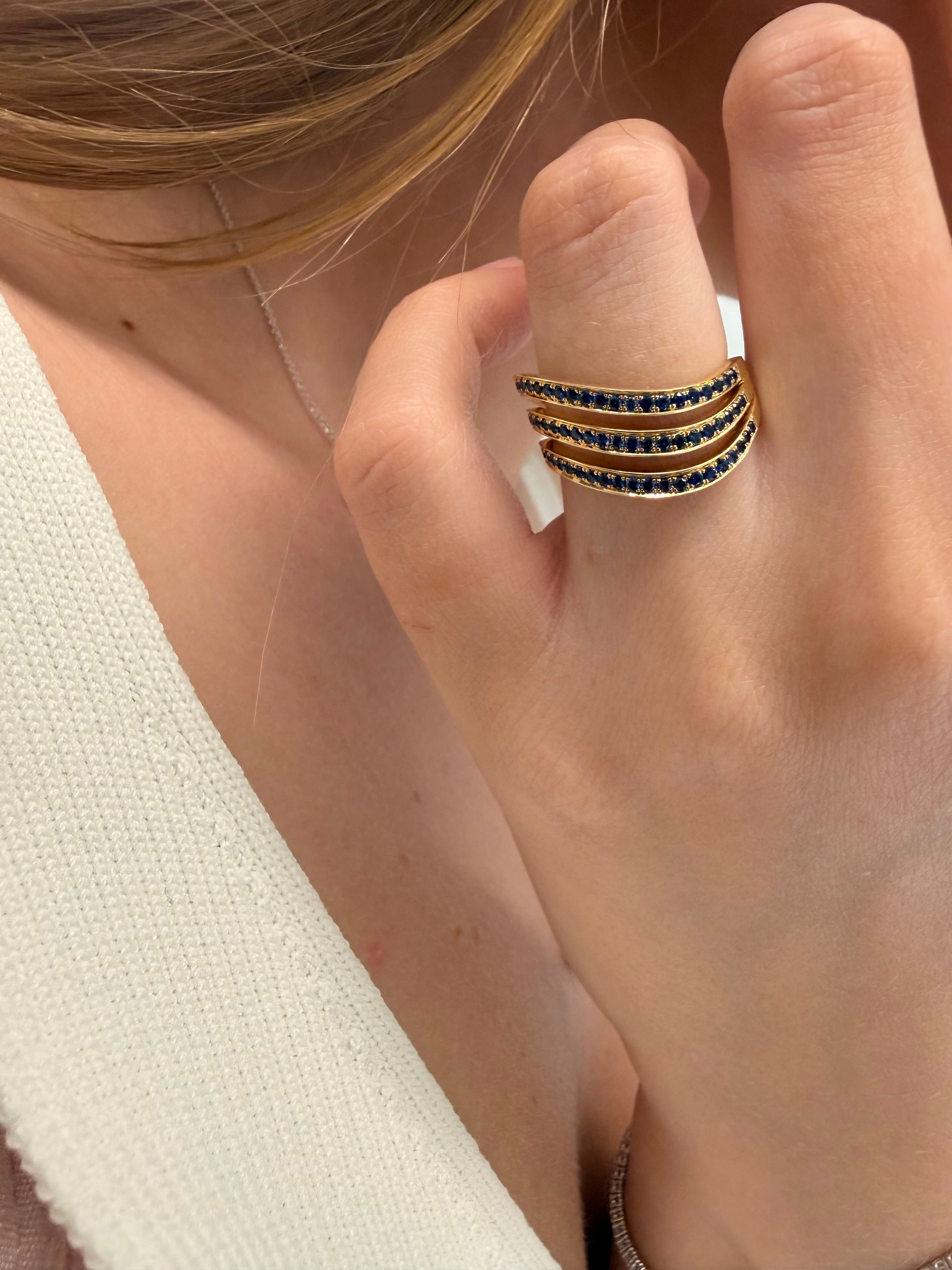 Triple Wavy Ring with Pave Set Sapphires