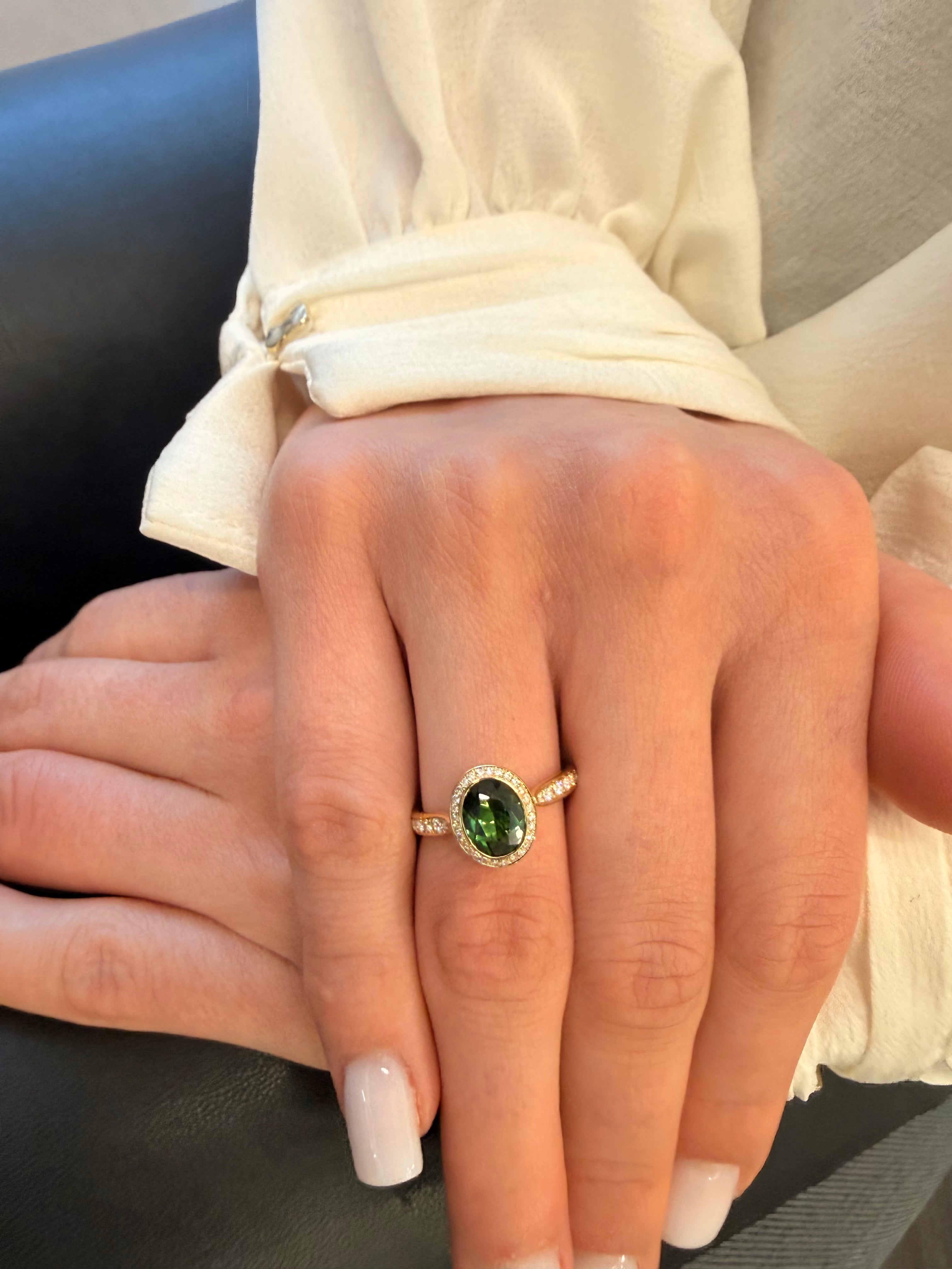 Royal Harmony Ring Centered a Green Tourmaline and Diamonds on Shank