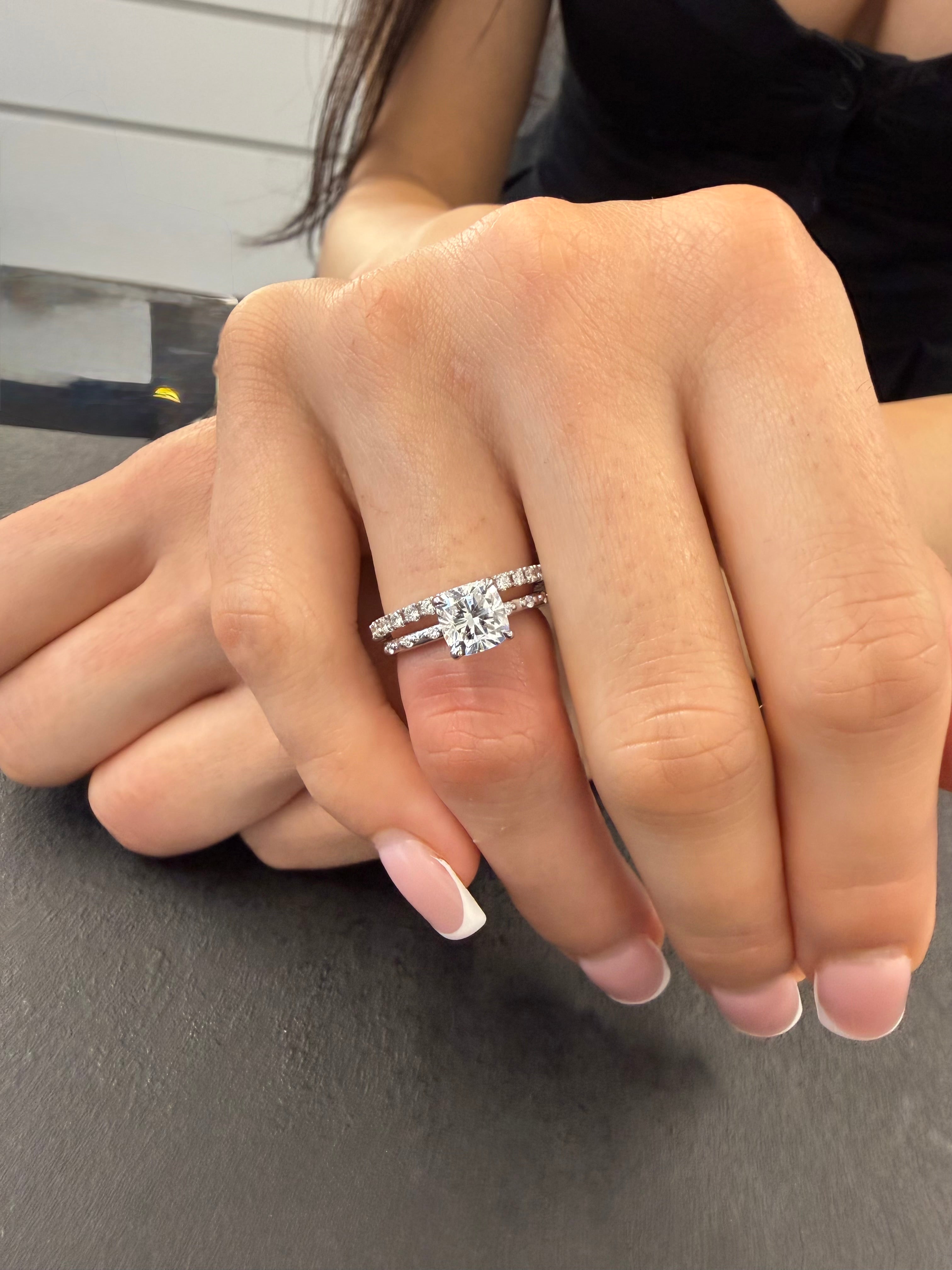 Square Cushion Engagement Ring Set In Petal Prongs With 6 Side Diamonds