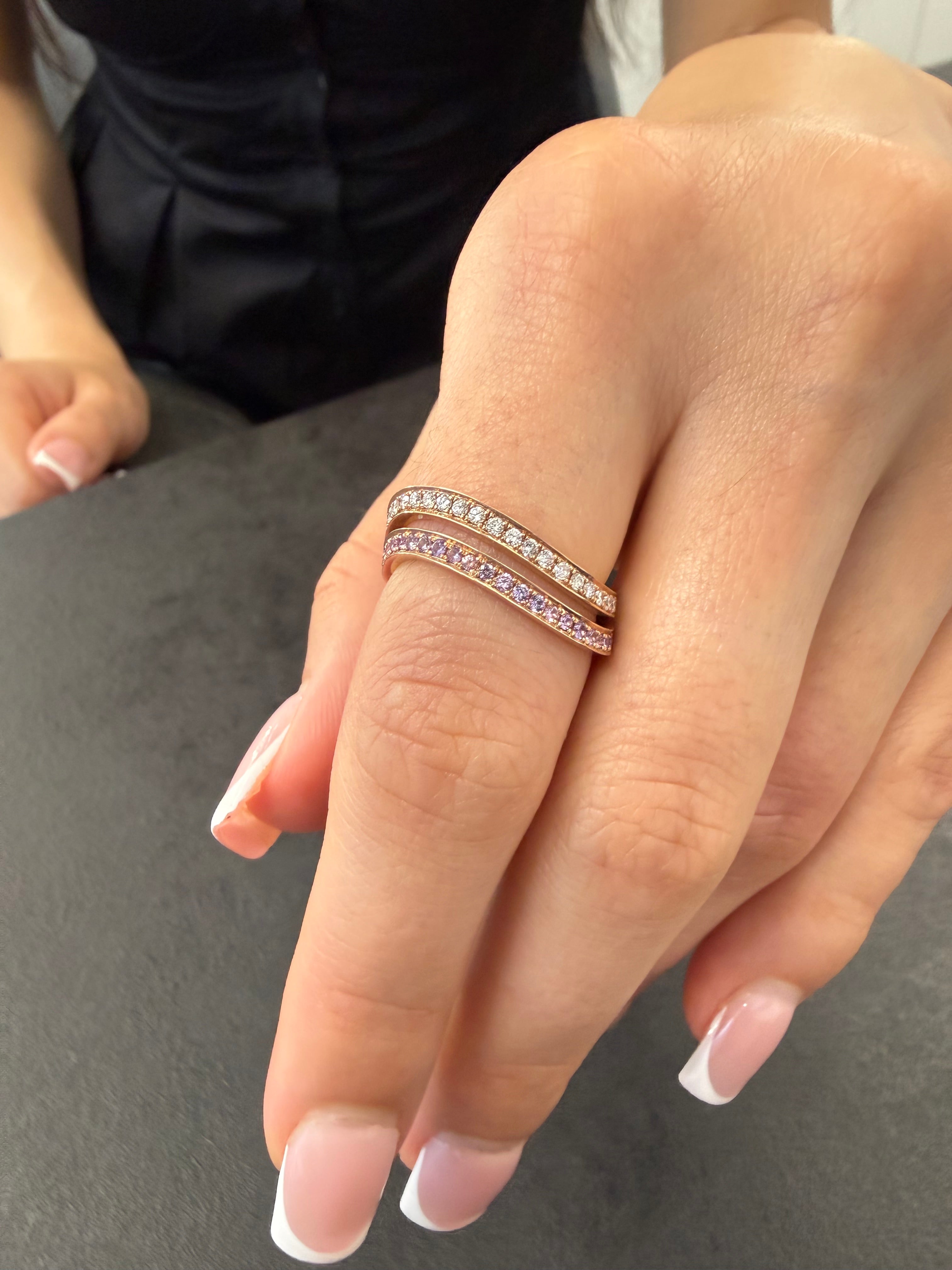 Double Wavy Ring with Diamonds and Sapphires