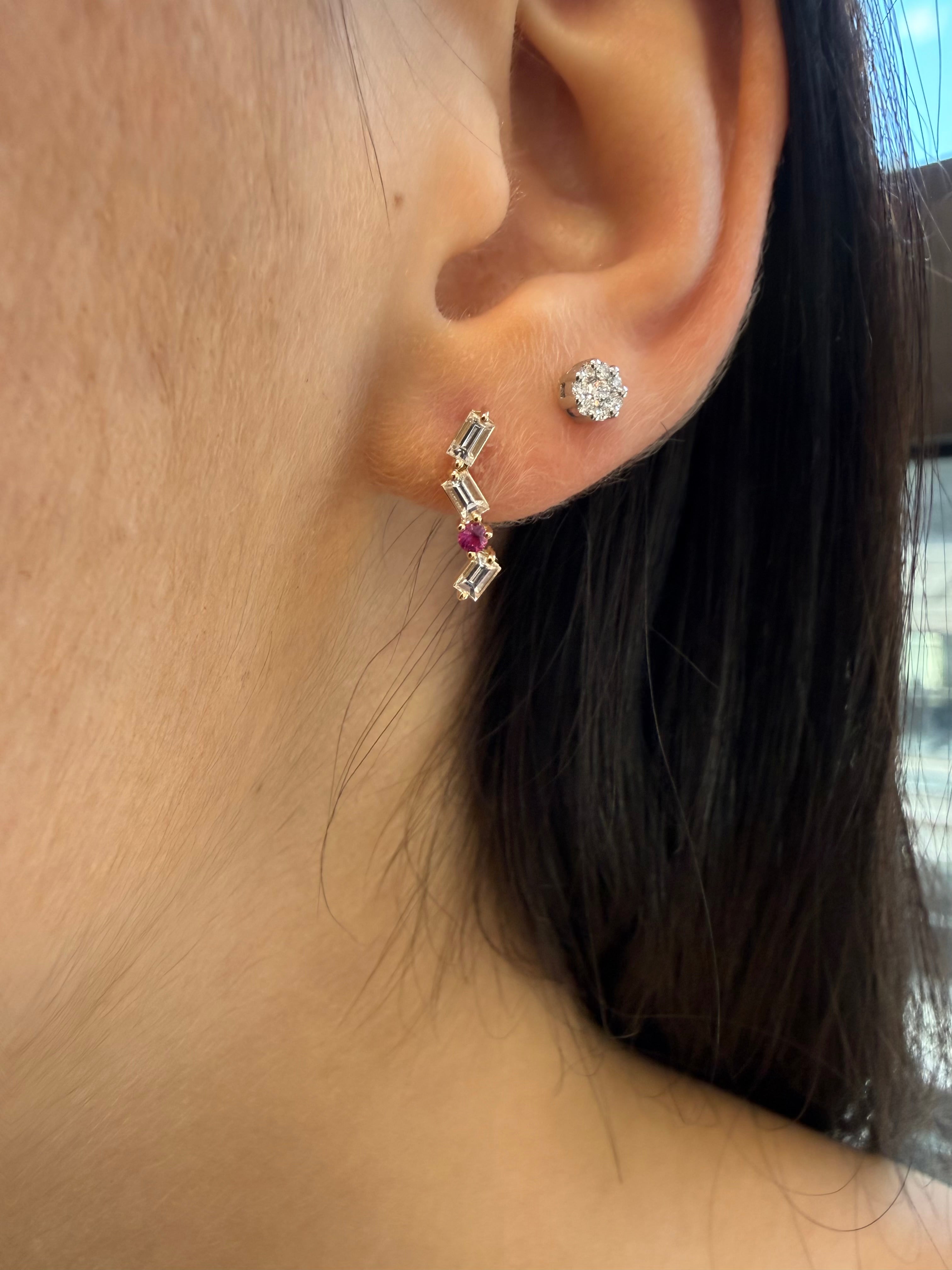 Cascade Earring Set With Baguettes And Round Ruby