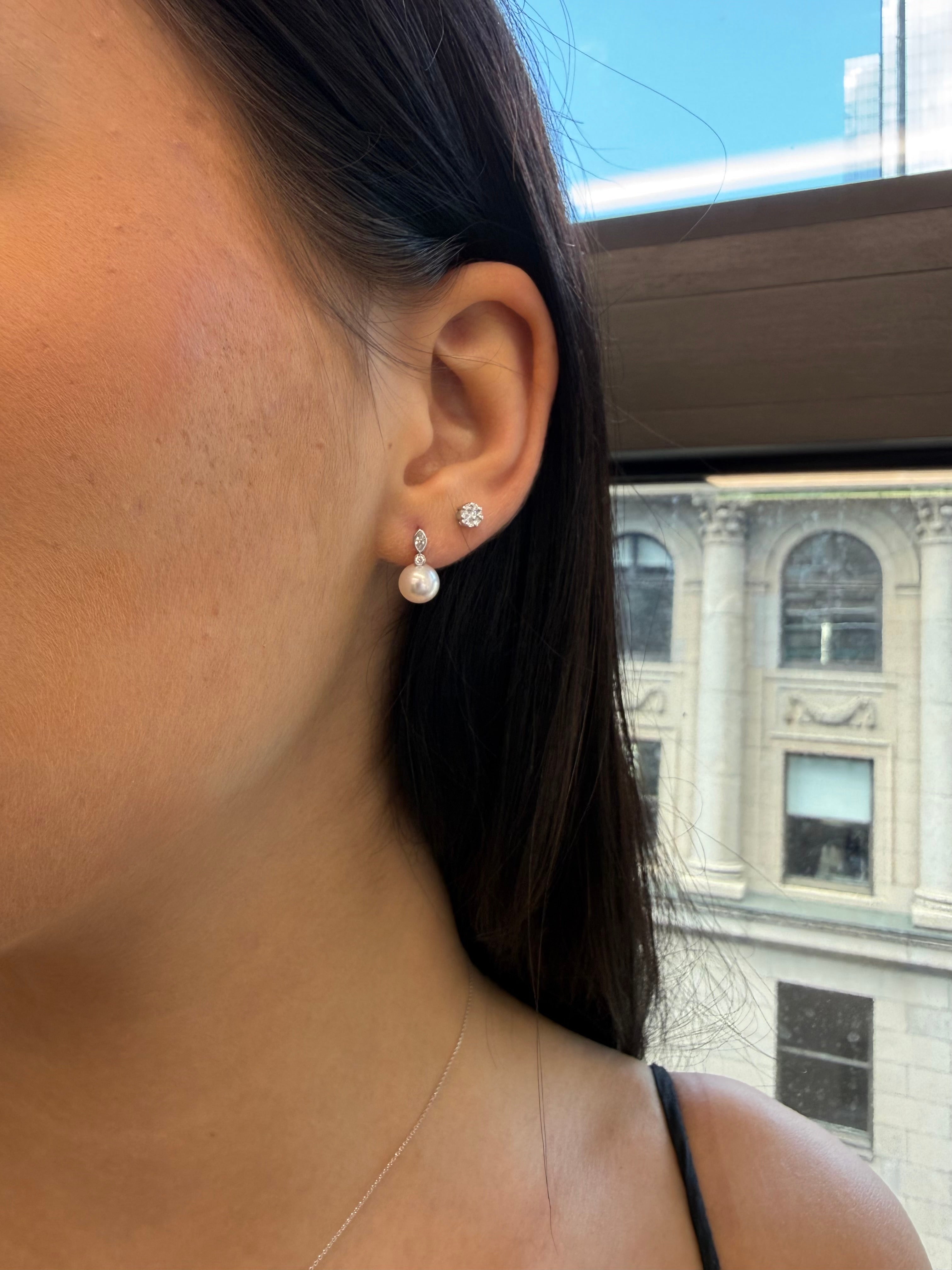 Akoya Pearl Earring Accent By A Marquise And Round Diamond