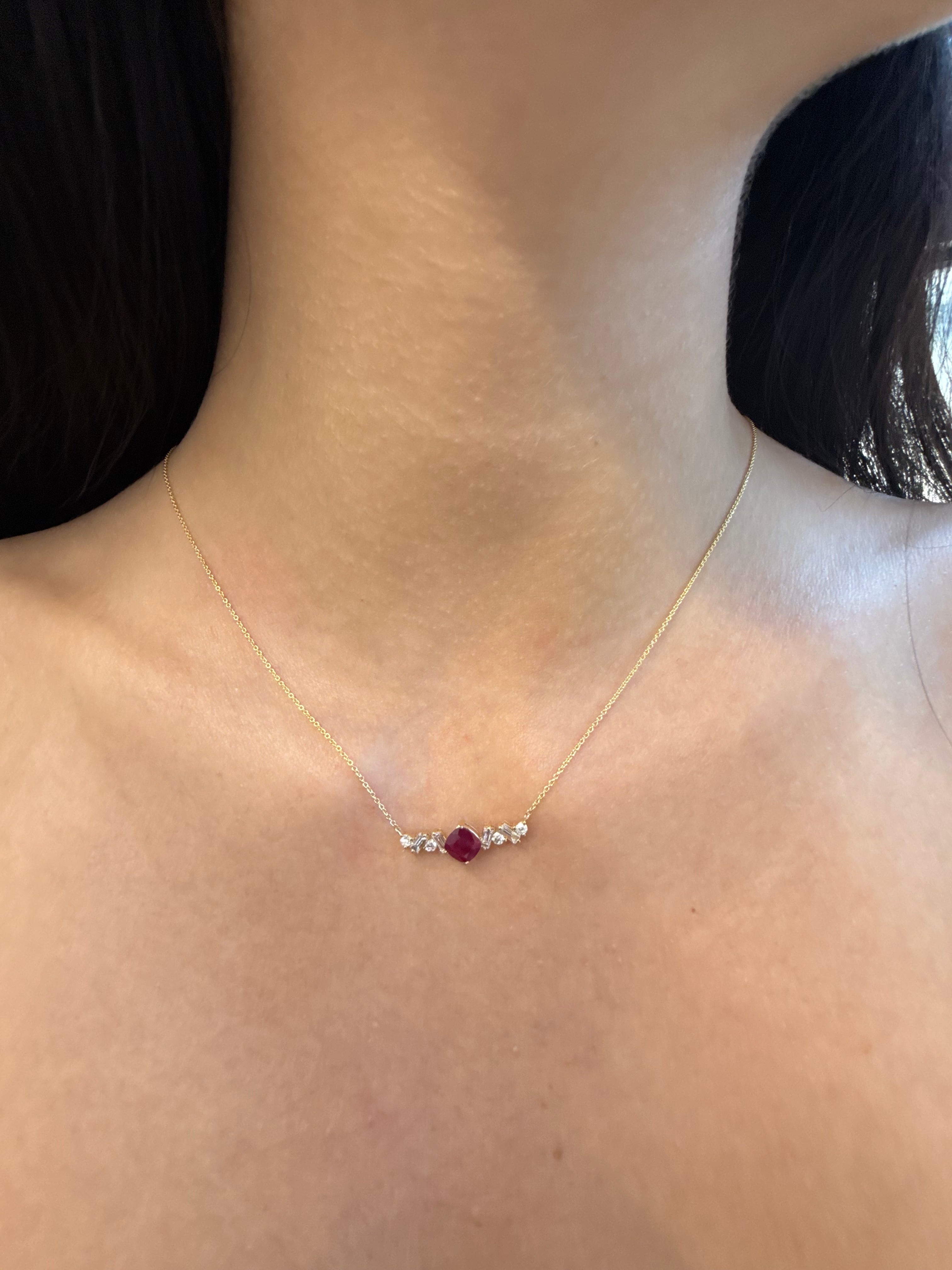 Cascade Pendant Centered A Cushion Ruby With Baguettes And Round Diamonds