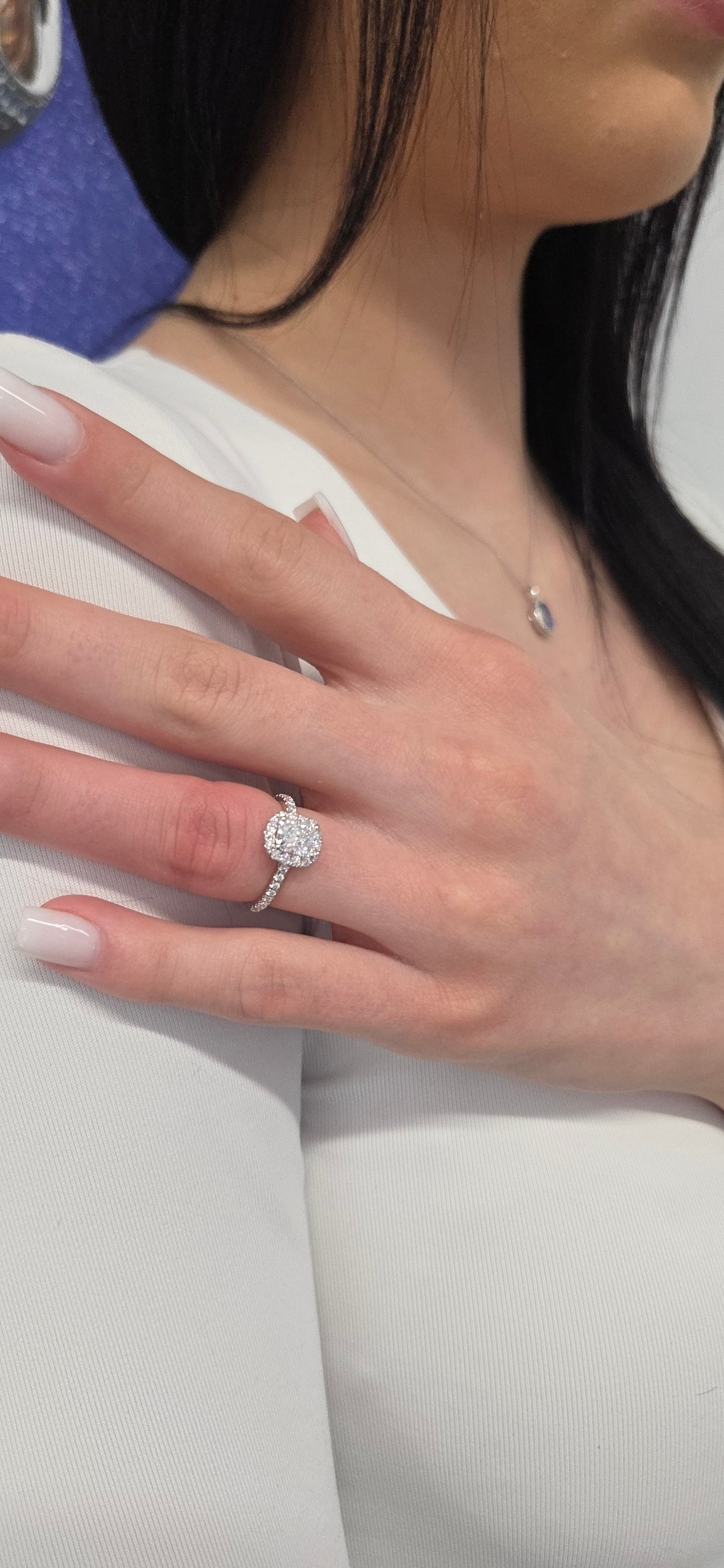 Cushion Engagement Ring With Diamonds on Halo And Shank