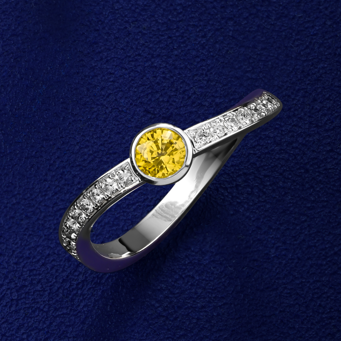 single Wavy Ring with a yellow sapphire in the middle and diamondsnset in pave , iconic design by carati jewelry in montreal canada in 18k 14k in blue backround and zoomed