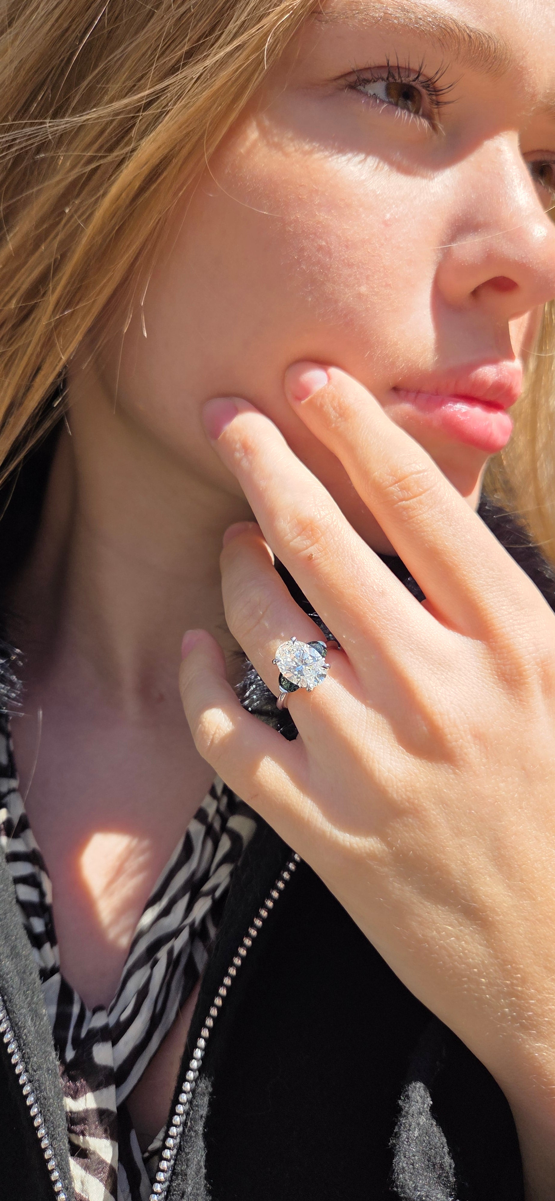 Gorgeous Oval Engagement Ring With Two Side Moon Sapphires