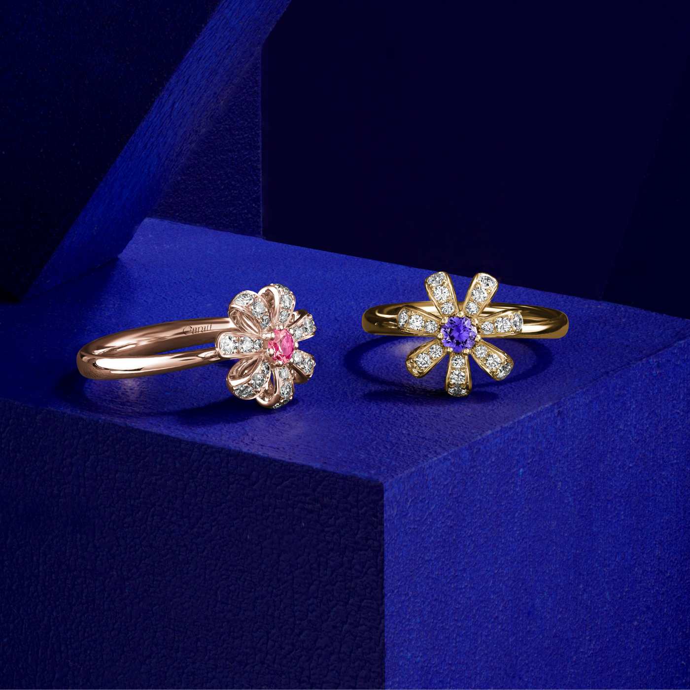 Fiora Ring set in pave Diamonds and a Sparkling Purple Sapphire sapphire in the middle is iconic design from carati jewelry in montreal canada in 1k 14 k in blue backround with the pink ring