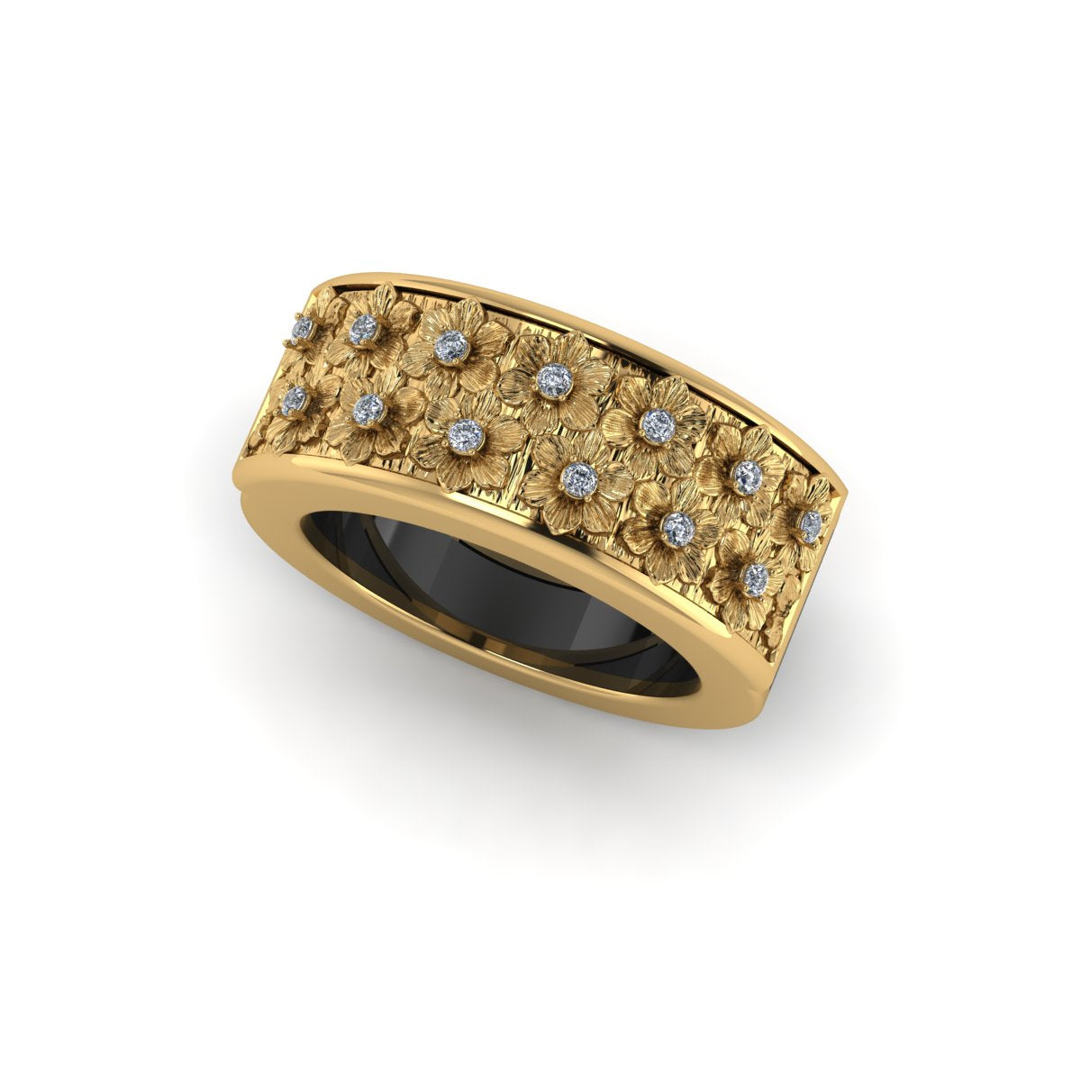 Oura ring jacket in 14k yellow gold Real Flower Petals Arrayed All Over With Diamonds In The Center in side view Carati jewelry montreal