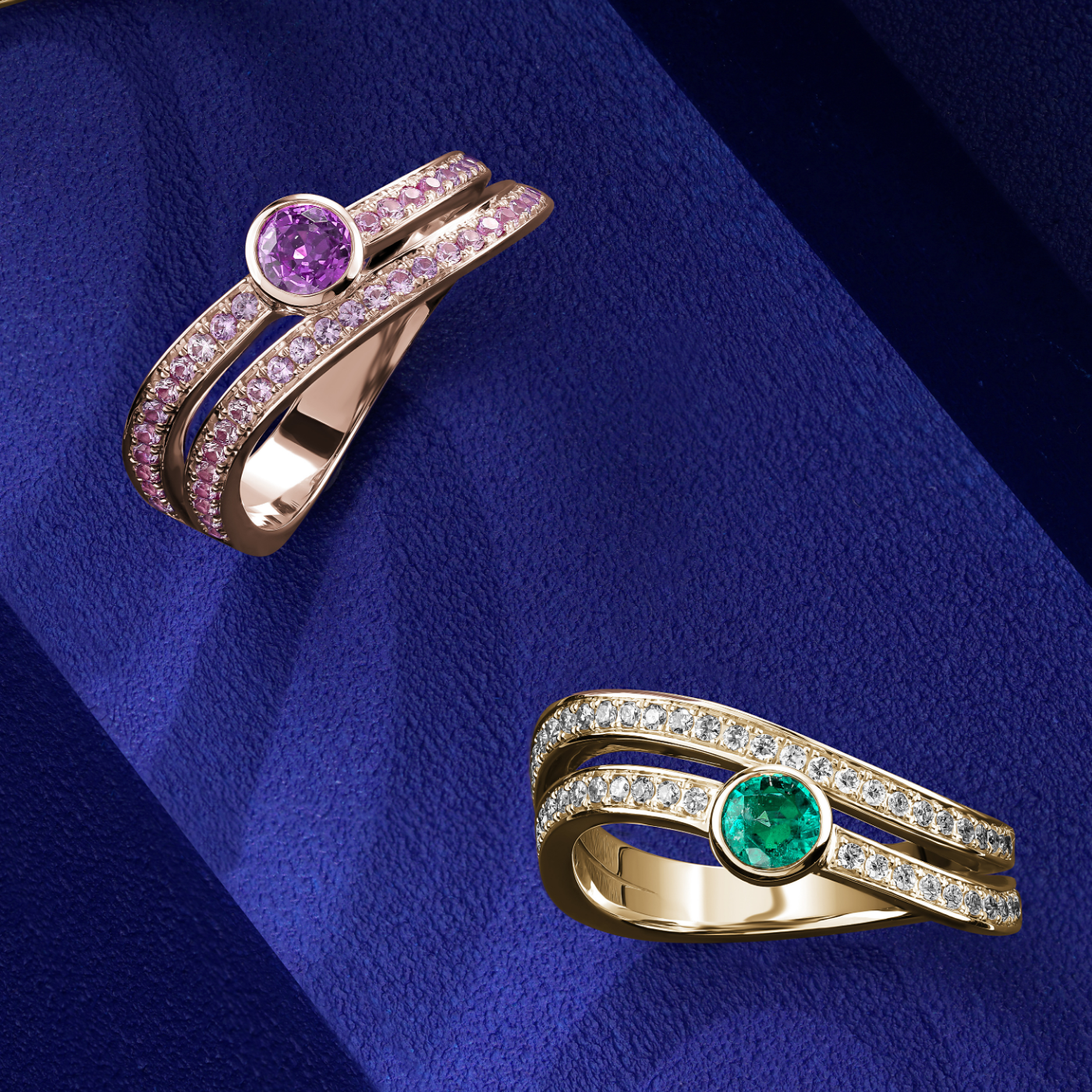 Double Wavy Ring with emerald in the middle set in pave sapphires in an iconic design by carati jewelry in montreal canada in 18k 14k with blue backround and another ring in purple sapphire