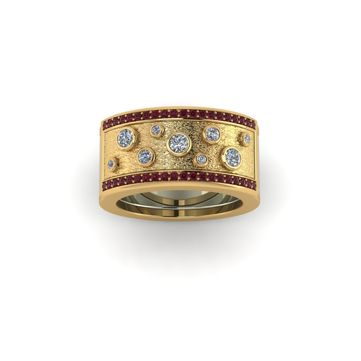 Oura ring jacket in 14 k yellow gold Bezel Clusters On Texture With Side Rose Tourmaline carati jewelry montreal