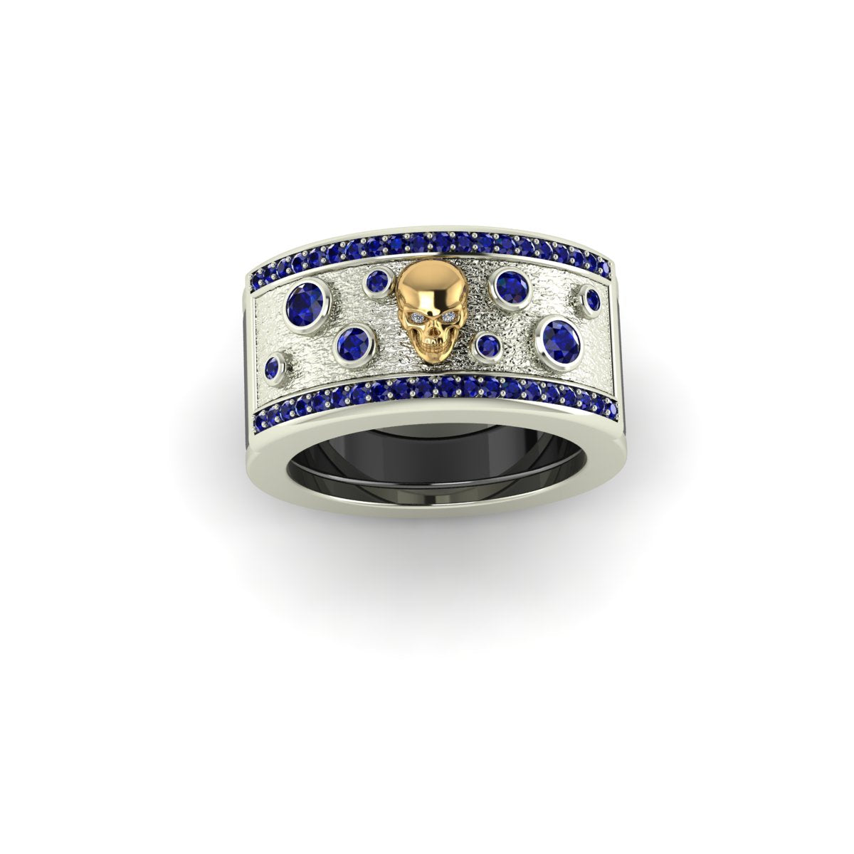 Oura ring jacket in 14 k white gold Rider Jacket Ring With Sapphires And A Skull On Textured Surface carati jewelry montreal