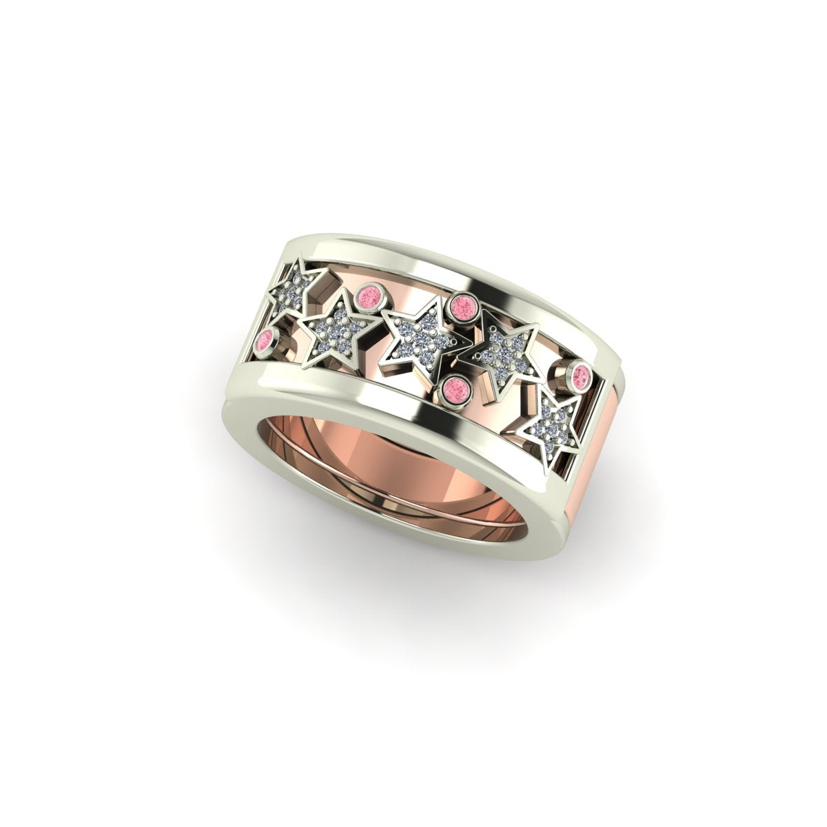 Oura ring jacket in 14 k white gold Stars Constellation With Diamonds And Pink Sapphires in sideview  carati jewelry montreal