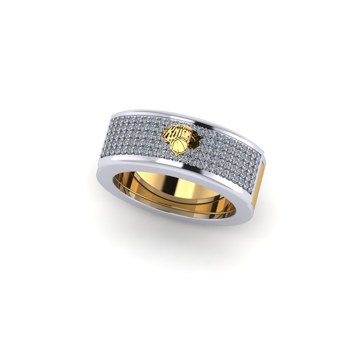 Oura ring jacket in 14 k white gold  Two Tone Jacket With Your Team Logo In Full Pave Set Diamonds in side view carati jewelry montreal