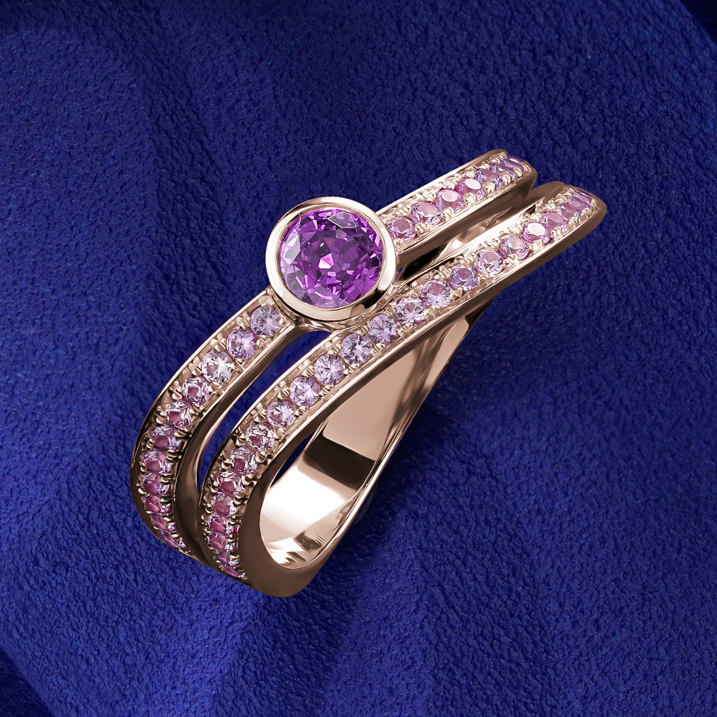 Double Wavy Ring with Purple Sapphire in the middle set in pave sapphires in an iconic design by carati jewelry in montreal canada in 18k 14k in blue backround and zoomed