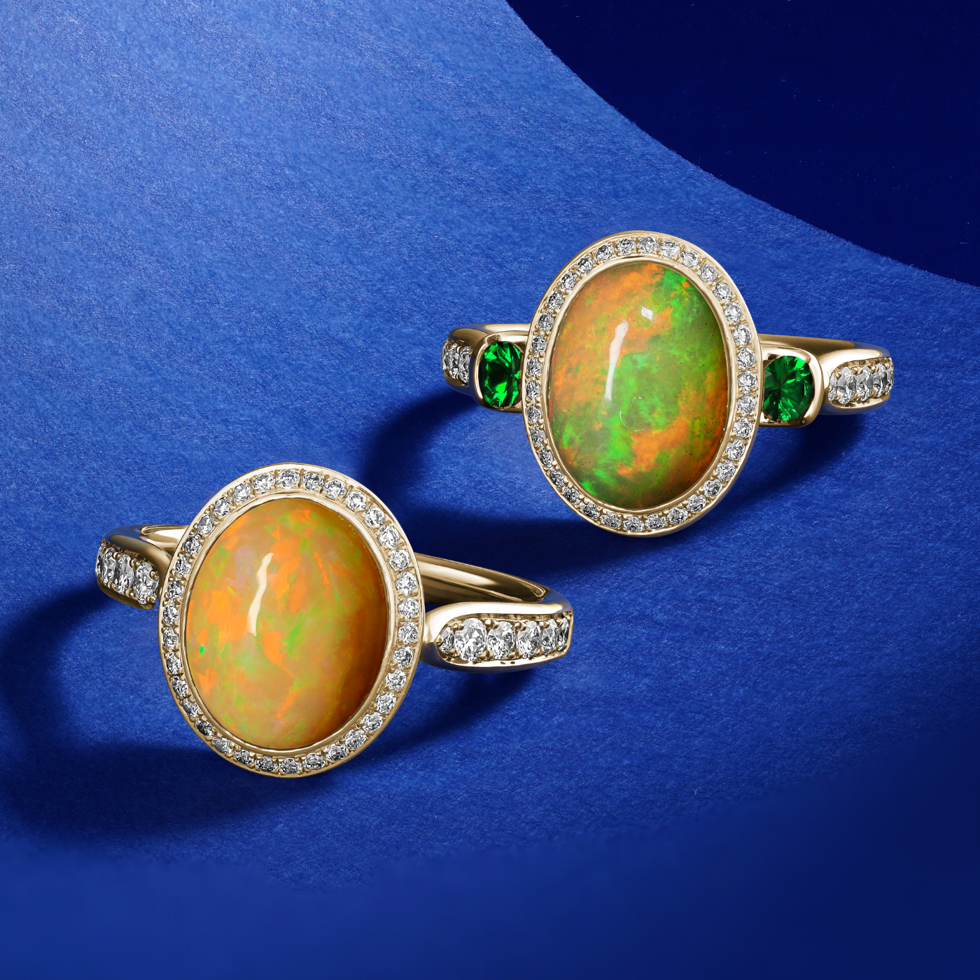 Royal Harmony Ring in Natural Australian Opal set in pave diamonds all around and on the shank is designed by carati jewelry in Montreal Canada in 18k 14k in blue backround with the other opal ring