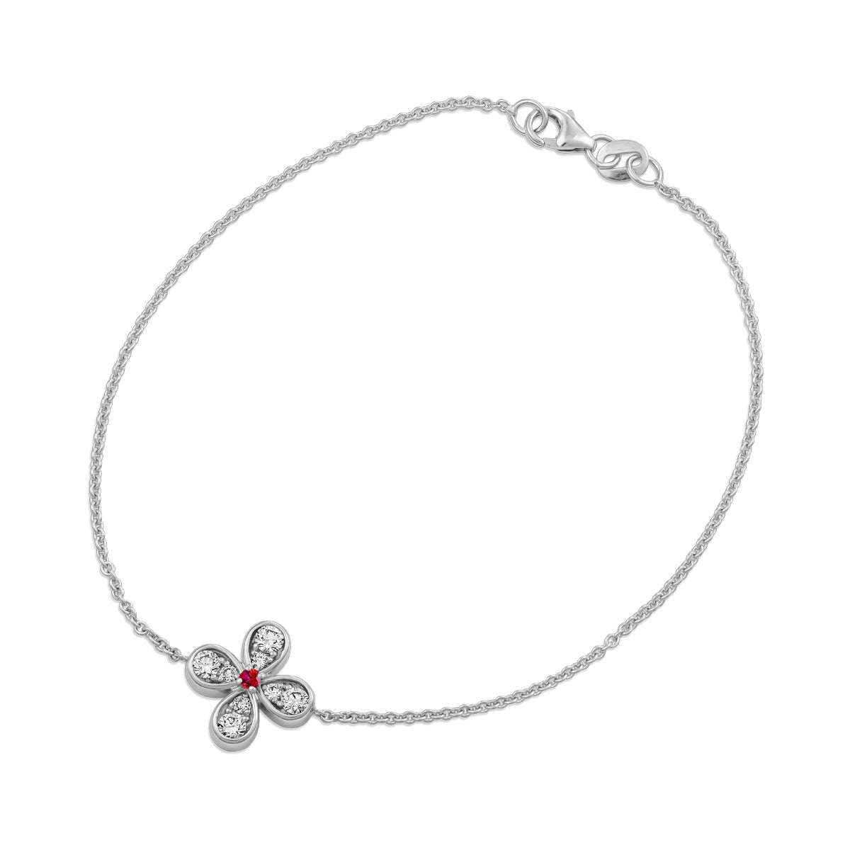 Bloom bracelet with a floral charm featuring a ruby center and small diamond accents designed by carati jewelry in montreal canada in 18 k 14 k