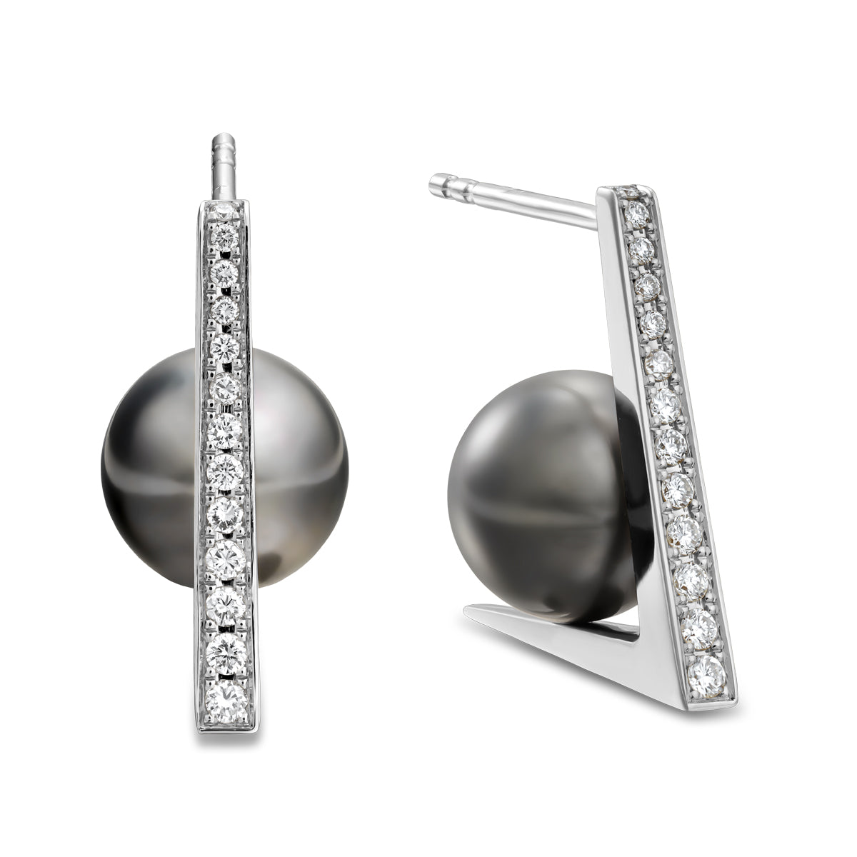 Elle Tahitian Pearl Earring with pave set diamonds is designed by carati jewelry in Montreal Canada in 18k 14k