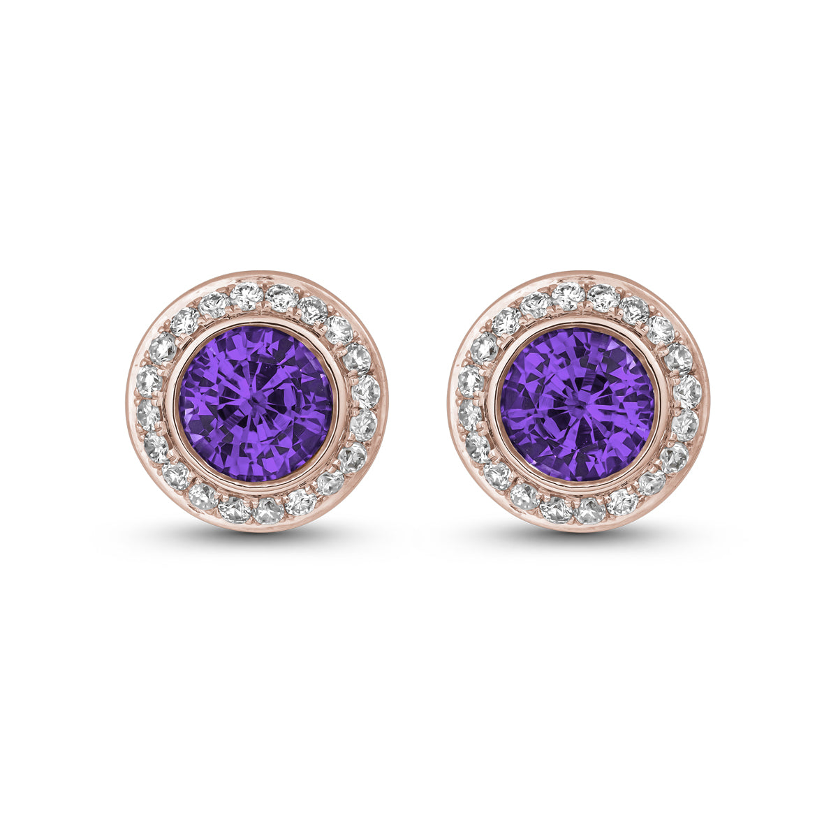 Royal Harmony earring Centered Around a stunning purple sapphire set all around pave in diamonds designed by carati jewelry in montreal canada in 14 k 18 k