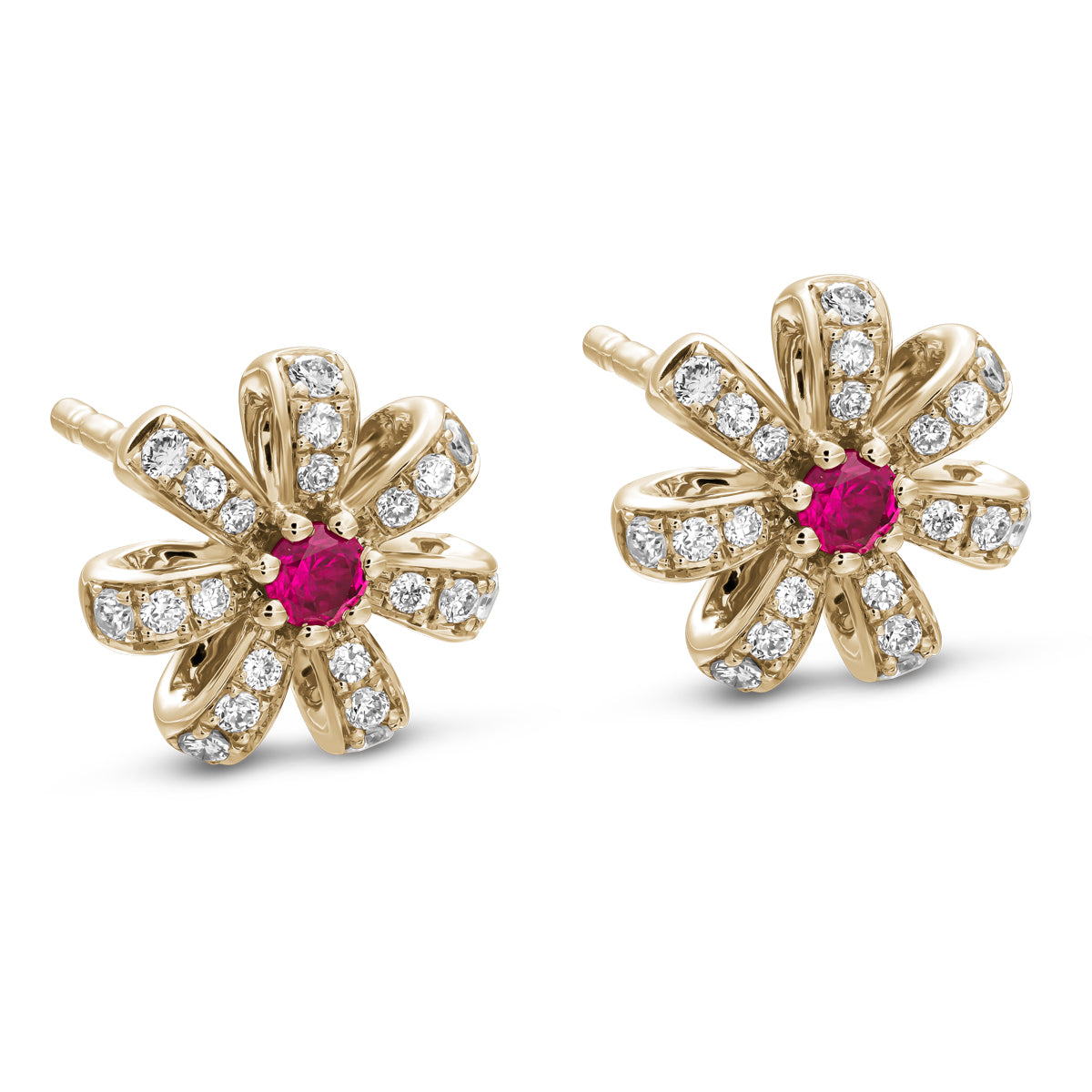 A pair of rose gold Fiora earrings with natural ruby centers and encrusted with diamonds set in pave designed by carati jewelry montreal canada 18k 14 k  