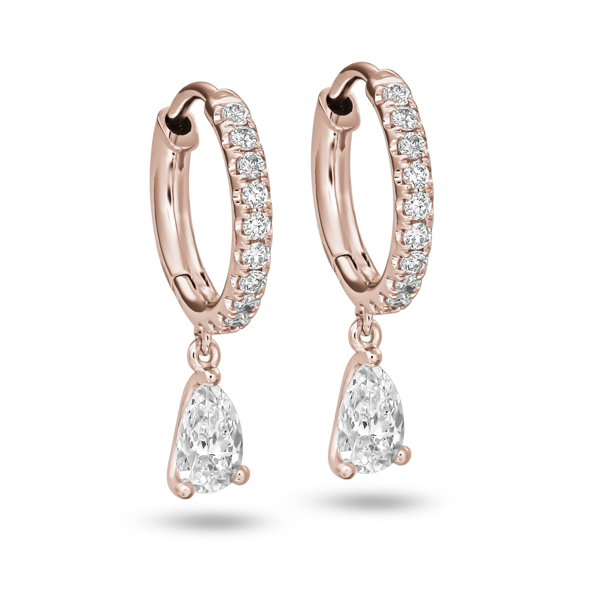 full Hoops earring set in diamonds with a pear diamond hanging from it designed by carati jewelry montreal canada 18 k 14k