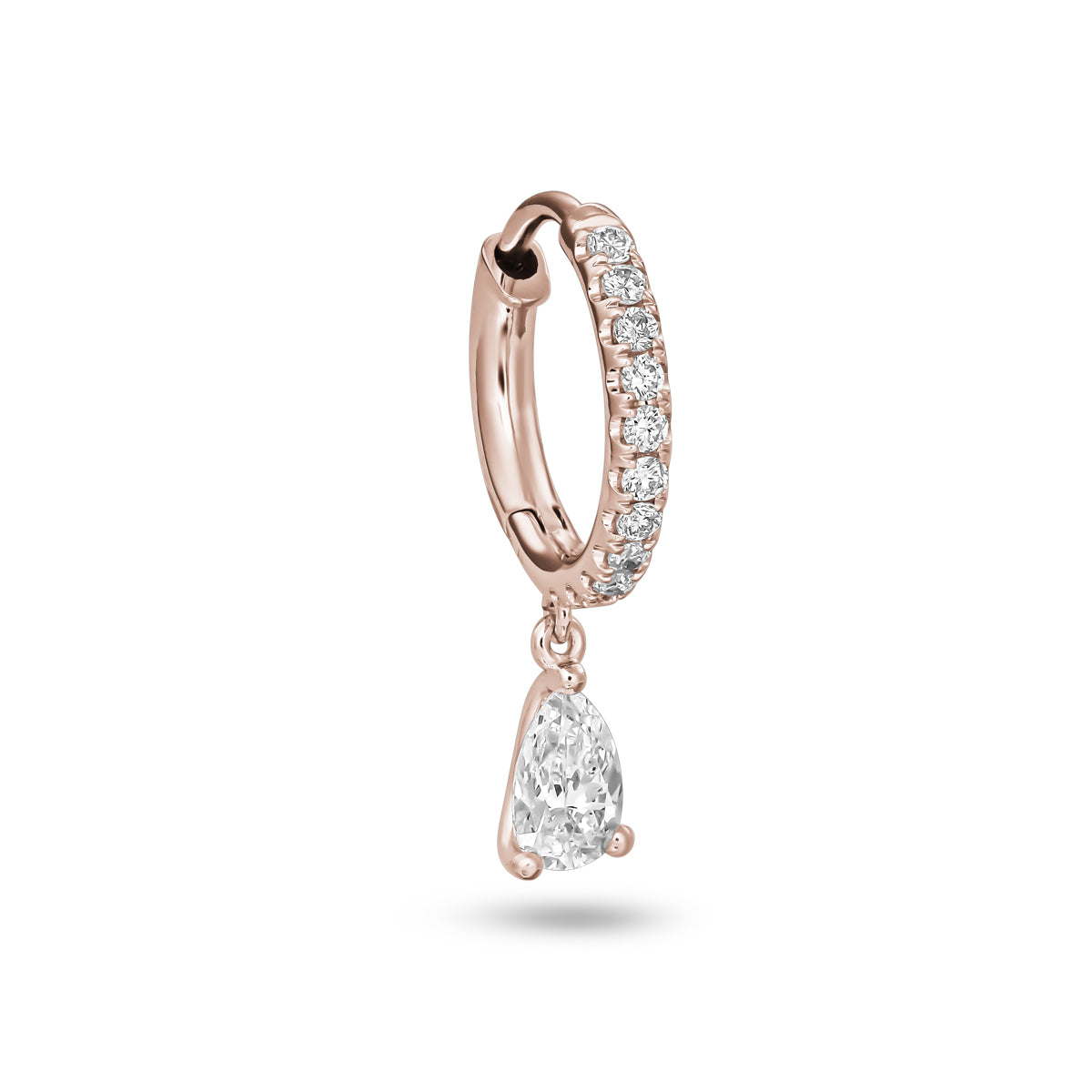 Hoops earring set in diamonds with a pear diamond hanging from it designed by carati jewelry montreal canada 18 k 14k