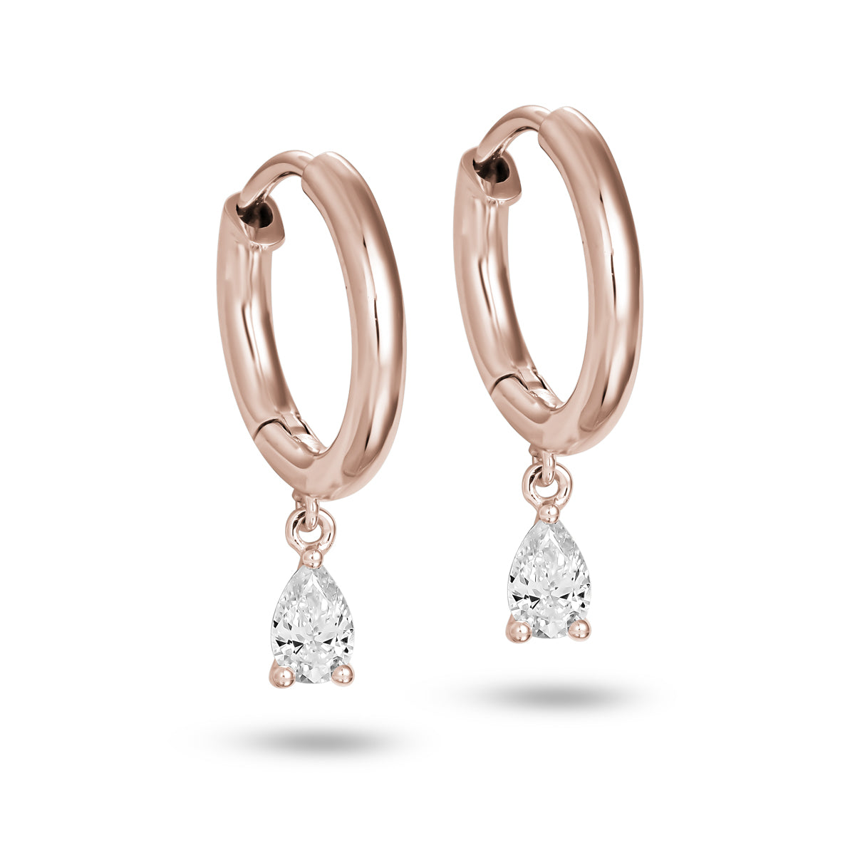 full plain one side Hoops earring set in diamonds with a pear diamond hanging from it designed by carati jewelry montreal canada 18 k 14k
