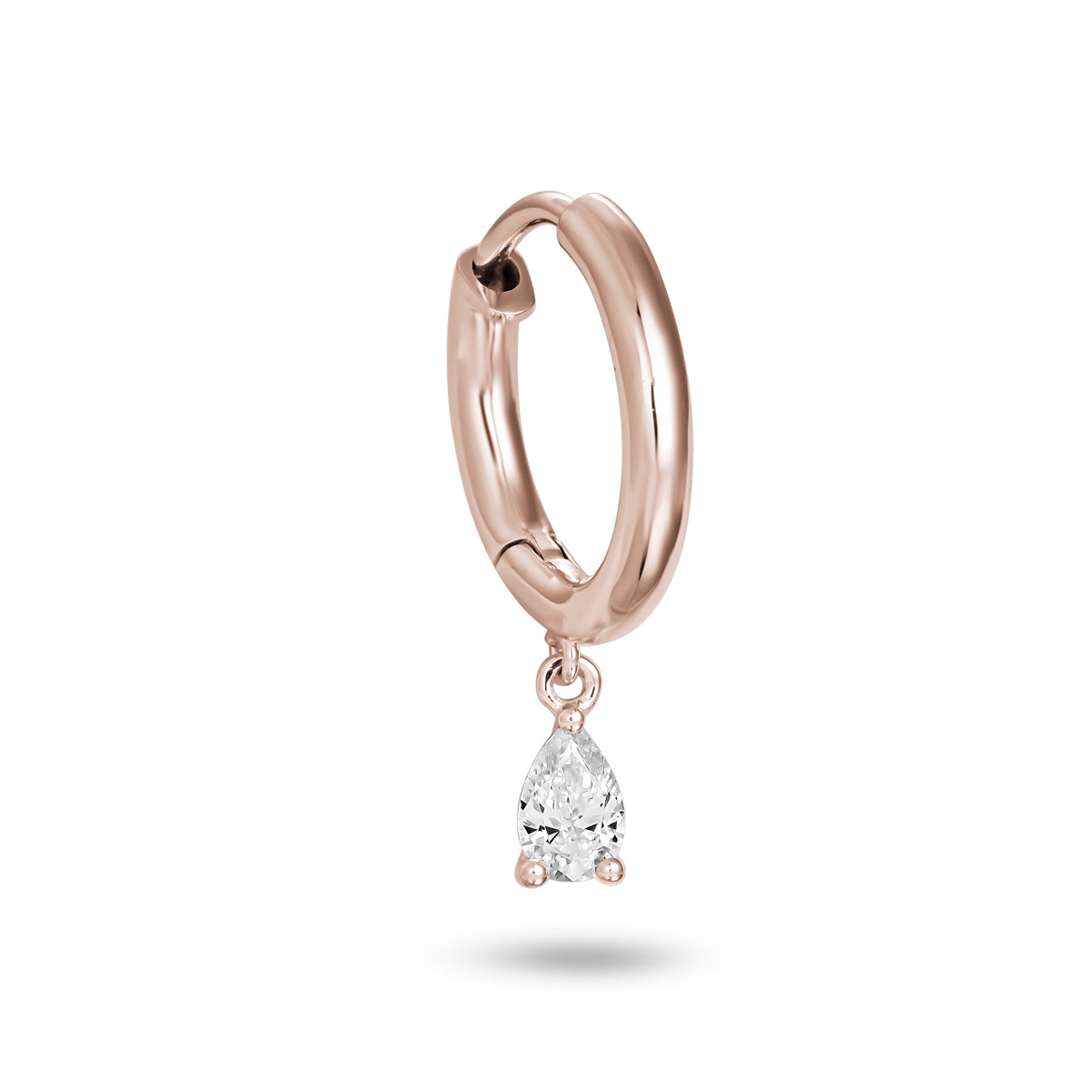 plain one side Hoops earring set in diamonds with a pear diamond hanging from it designed by carati jewelry montreal canada 18 k 14k