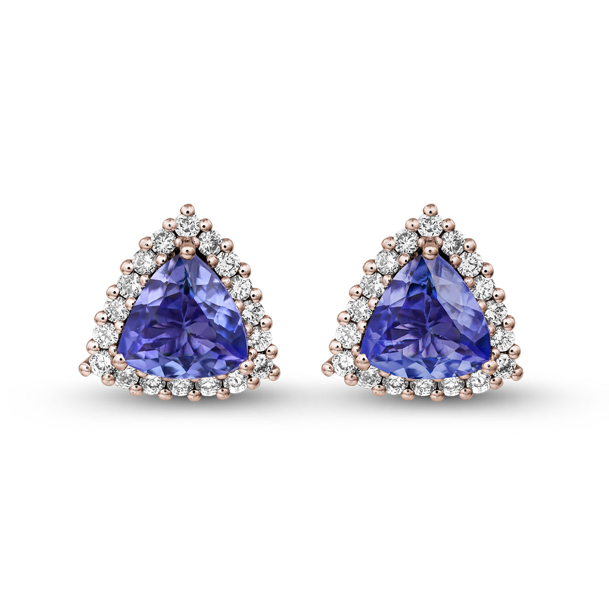A pair of trillion-shaped tanzanite earrings surrounded by a halo of sparkling diamonds in sophisticated spark designed by carati jewelry in montreal canada in 18 k 14 k 