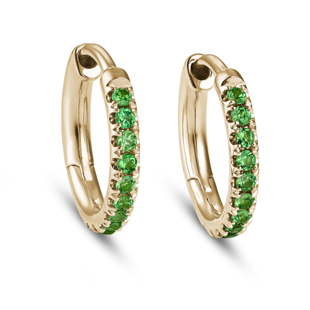 A pair of small gold hoop earrings with tsavorite accents from carati jewelry 14k 18 k montreal canada